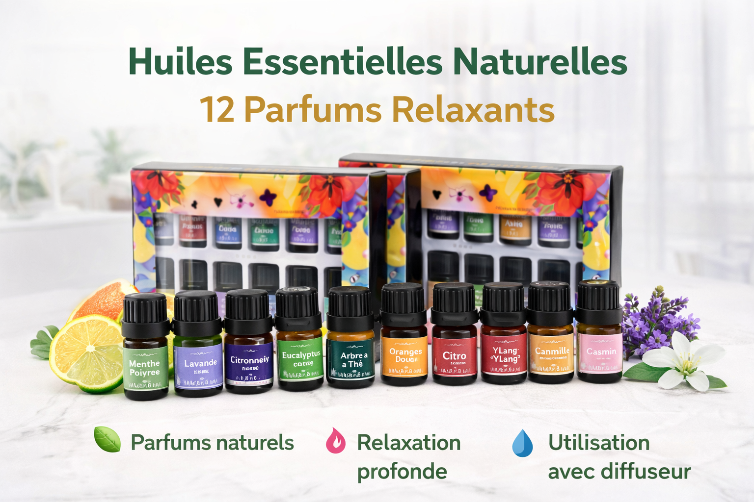 AromaSet™ – Huiles essentielles naturelles (12 parfums relaxants)